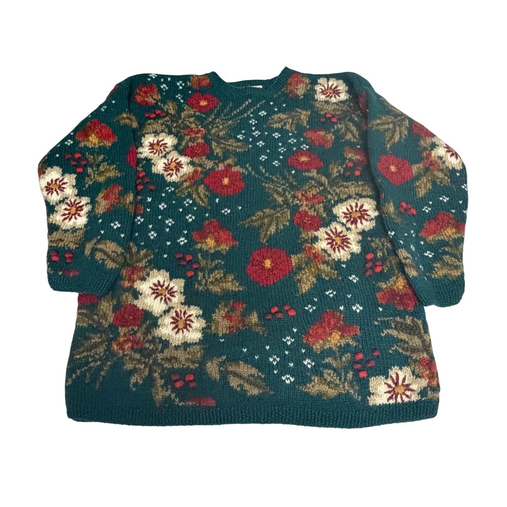 Vintage Laura Ashley 100% Wool Floral Knit Sweater M Teal Botanical Cottagecore